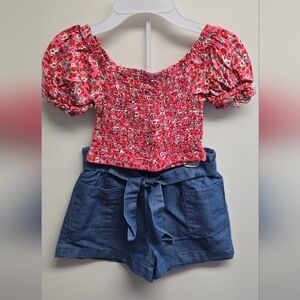 Pink Floral Smocked Crop Top with Blue Tie-Waist Shorts